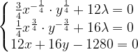 \dpi{120} \left\{\begin{matrix} \frac{3}{4}x^{-\frac{1}{4}}\cdot y^{\frac{1}{4}}+12\lambda=0 \\ \frac{1}{4}x^{\frac{3}{4}}\cdot y^{-\frac{3}{4}}+16\lambda =0 \\ 12x+16y-1280=0\end{matrix}\right.